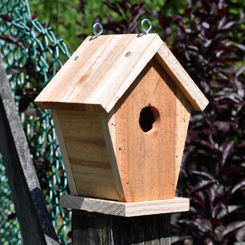 Handcrafted small wooden birdhouse made by 12-year-old Timmy